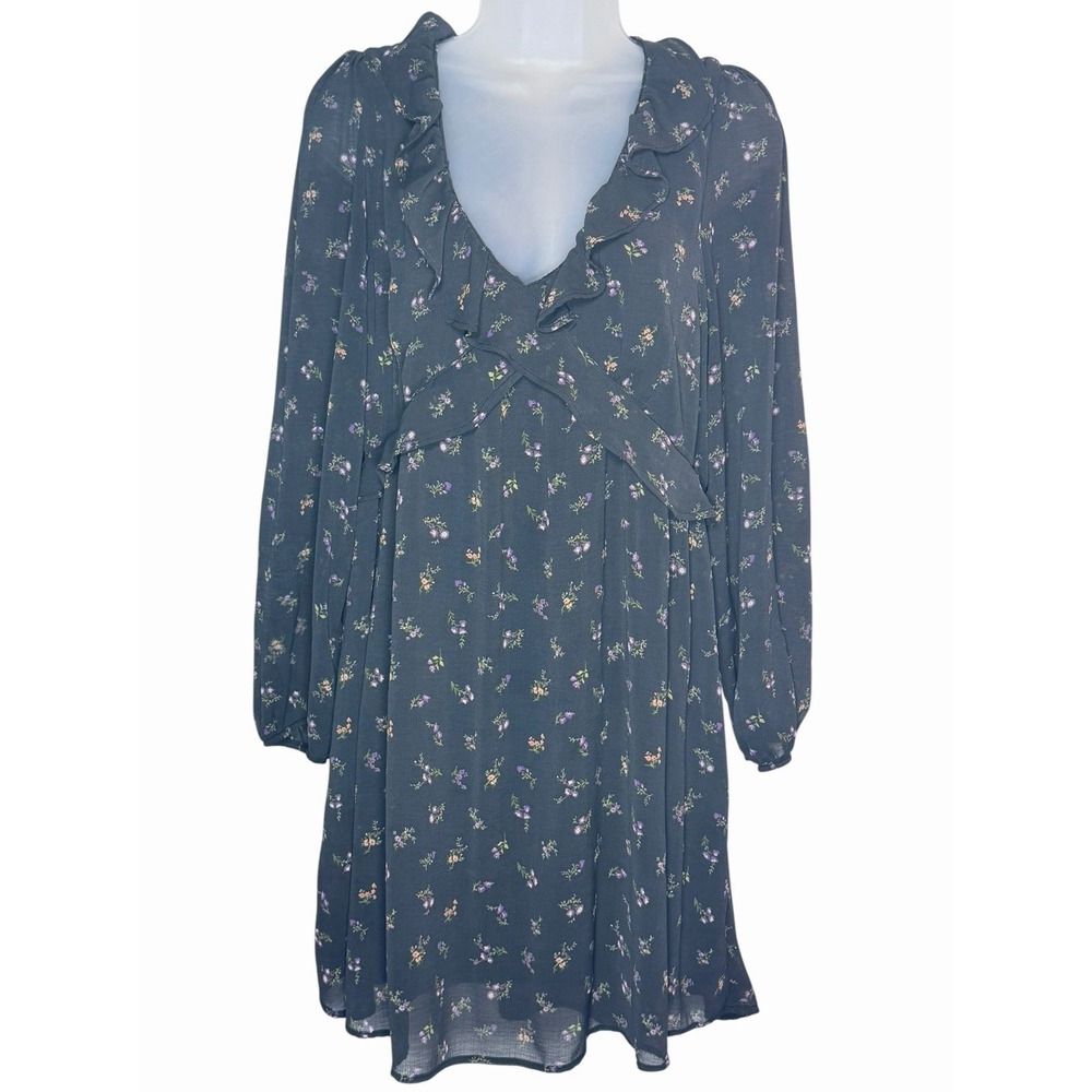 American Eagle Dress SZ L Ditsy Black Floral Purple Ruffle Bell Sleeves Babydoll